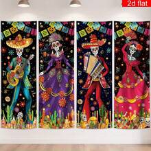 2D Flat Style, 4pcs Mexican Festival Banner, Suitable For Day Of The Dead Decoration, Vertical Hanging Backdrop With Skeleton Music And Dance Pattern, Can Be Used For Indoor Party, Photography And Ritual Activities - A - View 12