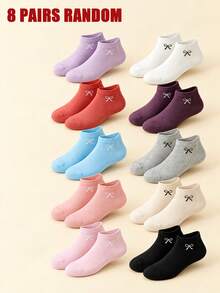 8 Pasang Kaos Kaki Pendek Wanita Warna Polos Sederhana Lucu Acak, Rajutan Halus, Elastis, Lembut, Bordir, dan Pita untuk Pemakaian Sehari-hari di Rumah dan Sepanjang Musim - MultiWarna - View 1