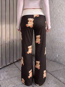 SCARLUX Fall Women Y2K Cute Teddy Bear Print Wide Leg Trousers, Fold Waist Casual Pants For Back To School Daily Commute - Brown - View 11