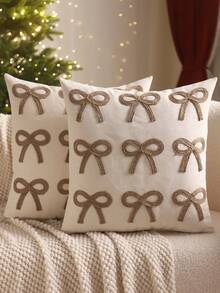 1 buah/2 buah Sarung Bantal Dekoratif Natal dengan Pita, Bordir Kanvas & Tali Rami, Hadiah Liburan Musim Dingin untuk Ruang Tamu, Sofa, dan Kamar Tidur - Krem - View 8