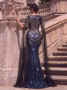 Elegant Beaded Sequin Mermaid Evening Gown With Feather Embroidery And Tulle Sleeves, Suitable For Ramadan Iftar, Valentine's Day Date And Red Carpet Events - Black - View 3