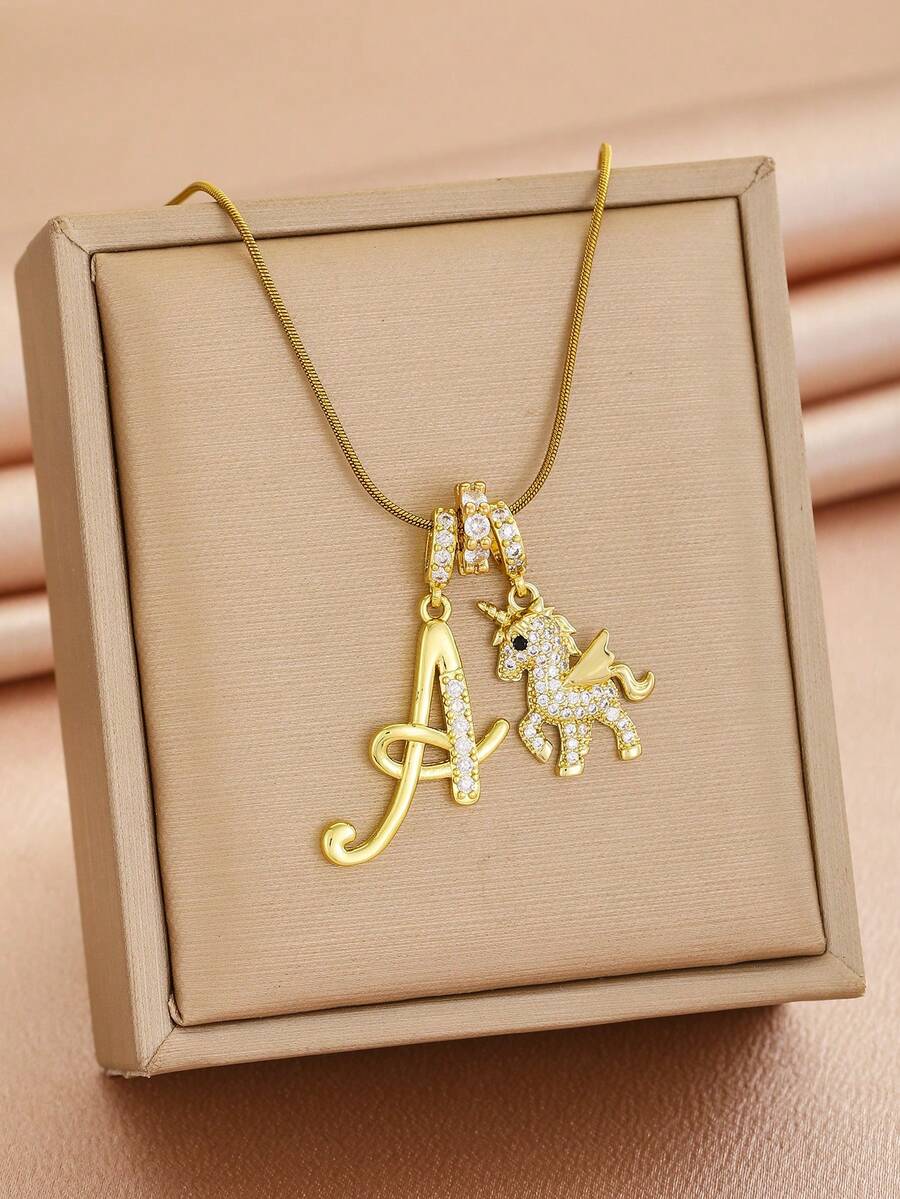 1pc Gold Letter A-Z Unicorn Pendant Necklace, Shiny Rhinestone Snake Chain, Cute Children Girls Jewelry, Suitable For Daily Wear, Birthday Party Gift - Gold - View 1