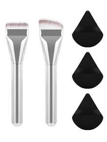 5pcs Multi-Function Makeup Brush Set, Flat Straight Brush & Curved Foundation Brush With Triangle Powder Puff, Easy For Beginners To Create Clear Base Makeup, Portable Daily Makeup Tools - Multicolor - View 18