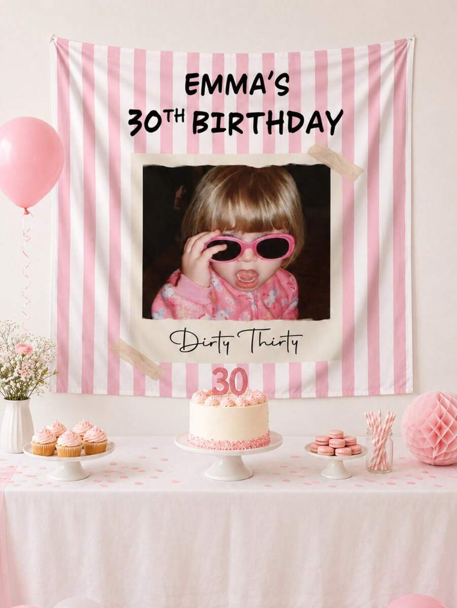 Custom Photo Wall Hanging, Personalized Birthday Backdrop, Custom Image And Text Fabric Banner, Birthday Party Decoration, Vintage Memory Photo Display, Personalized Gift For Women, Friends, Family, Home Room Decor, Graduation Backdrop - Multicolor - View 1