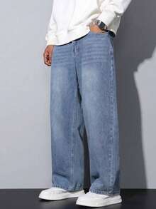 Men's Y2K Loose Oversized Light Blue Wide Leg Jeans - Blue - View 1