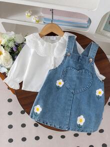 2pcs Baby Girl Cute Fresh Ruffle Peter Pan Collar Casual Shirt & Printed Denim Overall Dress Set, Thin Spring/Autumn Vibrant - White - View 3