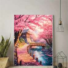 1PC 5D Full Drill DIY Diamond Painting Kit Spring Cherry Blossom Ancient Architecture Wooden Bridge Stream Falling Petals Landscape Pattern Frameless Diamond Embroidery Handmade Mosaic Decorative Painting Living Room Wall Decor Gift - View 1