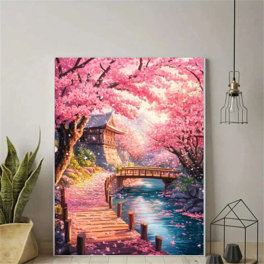 1PC 5D Full Drill DIY Diamond Painting Kit Spring Cherry Blossom Ancient Architecture Wooden Bridge Stream Falling Petals Landscape Pattern Frameless Diamond Embroidery Handmade Mosaic Decorative Painting Living Room Wall Decor Gift - View 1