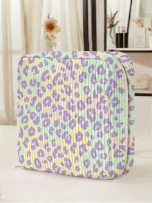 1pc Macaron Purple Green Gradient Leopard Print Corduroy Multi-Compartment Storage Zipper Sanitary Napkin Pouch, Portable Travel Period Bag For Women - Multicolor - View 2
