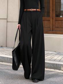 EARO Women's Elegant Black Wide Leg Pants, With Pockets, Non-Stretch Long Vintage Style Suit Pants - Black - View 2