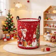 1PC Foldable Christmas Santa Claus Snowman Print Storage Basket, Multi-Purpose Laundry Hamper For Clothes And Sundries, Home Organizer, Bedroom Decor, Room Decor, Christmas Holiday Decor - Red - View 5
