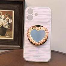 Autumn/Winter Mirror Heart-Shaped Magnetic Phone Stand, Lace Rhinestone Trim Multi-Function Phone Back Push-Pull Stand, Desktop Telescopic Stand, Suitable For All Phones - Gold - View 3