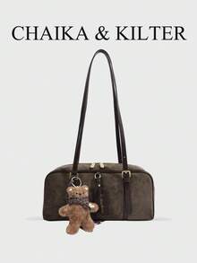 CHAIKA & KILTER 1件裝純色麂皮布料女款復古時尚啞光保齡球包，對比色絎縫縫線、雙手柄設計、拉鍊開合，適合日常與街頭使用（附吊飾） - 墨綠色 - 查看 2