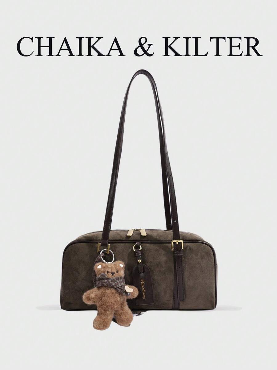 CHAIKA & KILTER 1件裝純色麂皮布料女款復古時尚啞光保齡球包，對比色絎縫縫線、雙手柄設計、拉鍊開合，適合日常與街頭使用（附吊飾）