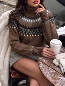 DONICY Women's Coffee Fair Isle Pattern Turtleneck Loose Long Sleeve Knit Sweater, Vintage Warm Pullover Top For Fall Winter Daily Wear - Coffee Brown - View 6