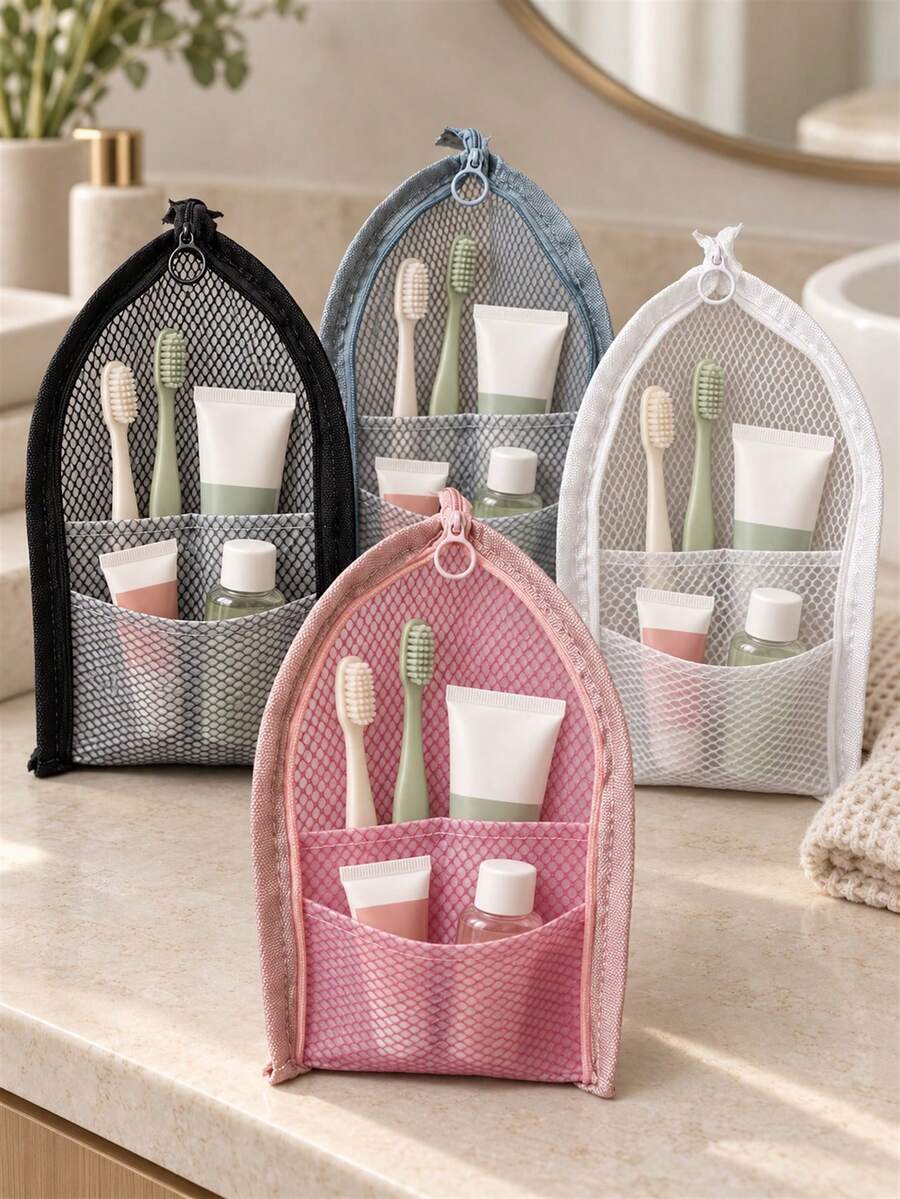 Large Capacity Stand-Up Mesh Toiletry Bag For Vacation Travel, Zippered Toothbrush And Toothpaste Storage Bag With Front Pocket For Bathroom Counters, Waterproof Mesh Cosmetic Organizer For Makeup Brush Storage During Business Trips - Multicolor - View 1