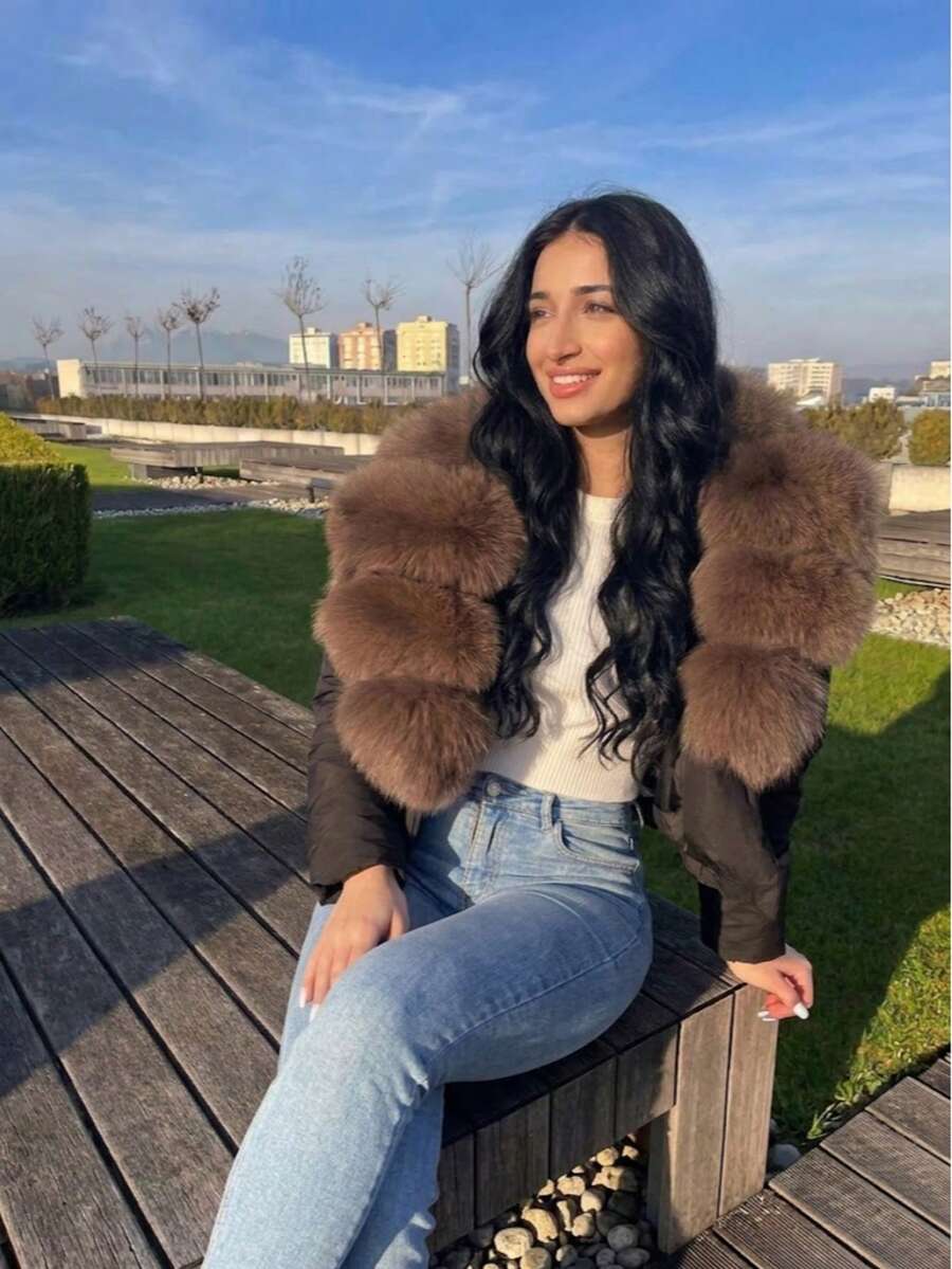 Women's Short Down Jacket, Plus Size Detachable Faux Fox Fur Collar, Elastic Hem, Loose Long Sleeve, Warm Winter Short Padded Coat - Black + Brown - View 1