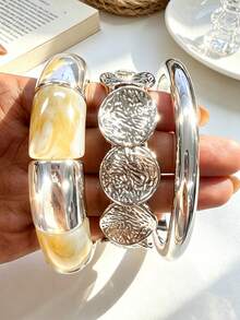 3/1pc Vintage Exaggerated Punk Style Acrylic & CCB Round Patchwork Elastic Bracelet Set, Suitable For Women's Daily Casual, Party, Vacation, Layering - Silver - View 4