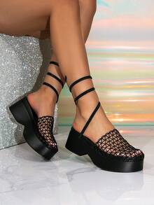 Women's New Black Thick Sole Platform Sandals, Fishnet Hollow Round Toe Rhinestone Spiral Ankle Strap Closed Toe Slides, Party Shoes - Black - View 3
