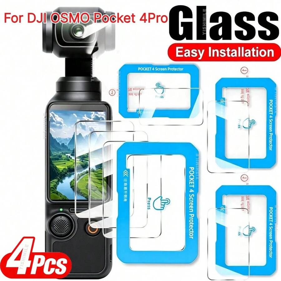 4-Pack, One-Click Installation, Easy Fit: High-Definition Transparent Tempered Glass Screen Protector For OSMO Pocket 4 Pro/4/3, Scratch-Resistant, Auto-Adsorption Technology, Brand New Quick-Fit Camera Screen Protector