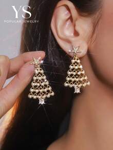 1 Pair Christmas Full Rhinestone Christmas Tree Earrings, Unique Tree Shaped Earrings For Party And Celebration, Women's Daily Wear Jewelry - White Rhinestone Christmas Tree - View 1