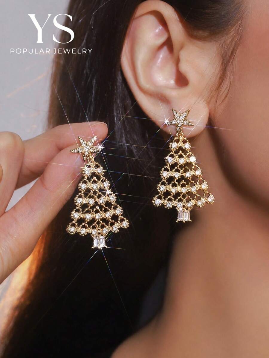 1 Pair Christmas Full Rhinestone Christmas Tree Earrings, Unique Tree Shaped Earrings For Party And Celebration, Women's Daily Wear Jewelry - White Rhinestone Christmas Tree - View 1
