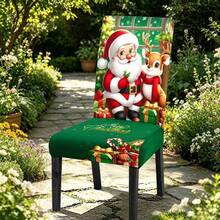 4pcs/6pcs Christmas Santa Claus & Cute Reindeer Print Stretch Dining Chair Cover, Removable Washable Elastic Chair Slipcover, Xmas Dining Room Home Decor - Green - View 4
