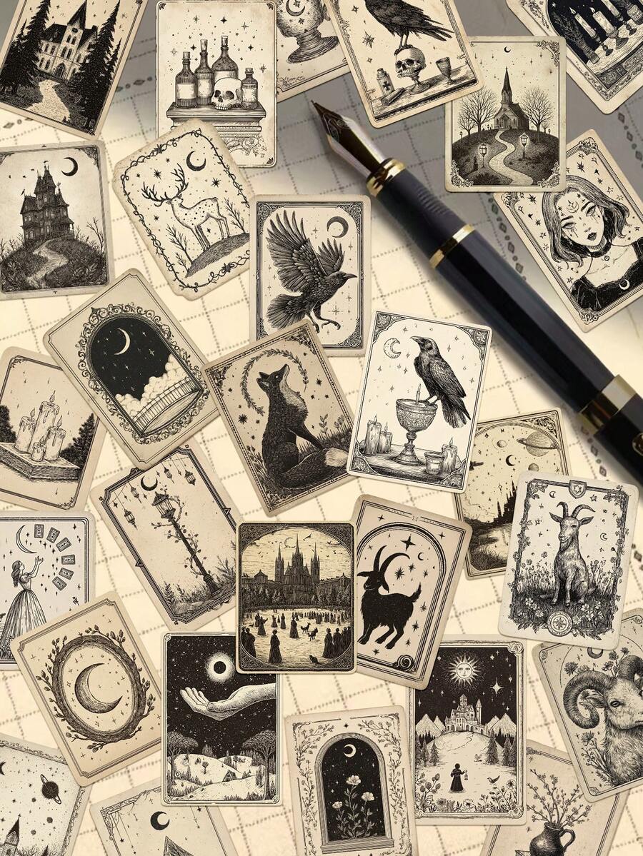 50pcs Gothic Tarot Card Stickers For Decoration, Scrapbook, Diary, Planner, Envelope, Greeting Card, Laptop, Suitcase, Phone, Guitar, Skateboard, Luggage - Gothic Tarot Cards - View 1
