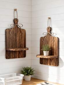 1pc Wooden Cutting Board Wall Shelf Set, Hanging Display Rack With Jute Bow, Farmhouse Floating Organizer, For Living Room Bedroom Bathroom Entryway Home Decor Gift - View 5