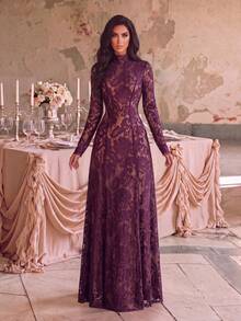 Elegant Women's Lace Long Sleeve Dress, Ruffle Collar With Stand Collar And Zipper, Charming Flared Skirt, Suitable For Special Occasions - Dark Purple - View 5