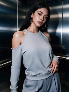 Women's Casual Open Shoulder Hollow Racing Collar Loose Sweatshirt, Suitable For Daily Wear, Autumn/Winter - Grey - View 3