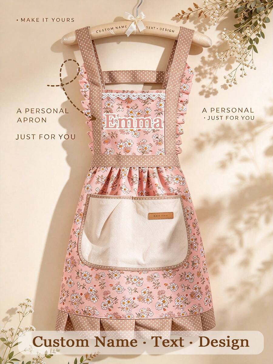 Women's Custom Floral Ruffle Apron Dress - Cute Princess Style Kitchen Apron With Towel, Oil-Proof Cooking Apron, Suitable For Home, Baking, Cleaning, Decorative Apron With Pockets, Oil-Proof Apron, Custom Homewear, Pastoral Style Apron, Gift For Her Home Chef Apron, Adjustable Vintage Apron, Create Housewife Look - Multicolor - View 1