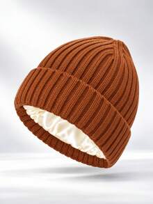 1pc Satin Lining Autumn/Winter Striped Ribbed Warm Knitted Hat, Satin Hair Protection Cold-Proof Woolen Beanie - Ribbed Knit - View 18