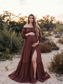 Bump Style Bohemian Maternity Cold Shoulder Dress, Bishop Sleeves, Ruffle Hem, Long Woven Fabric Dress, Suitable For Photography - Coffee Brown - View 2