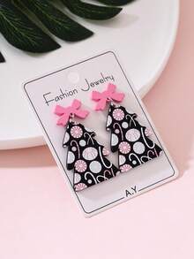 1 Pair Christmas Tree Creative Pink & Black Enamel Design Fashion Earrings For Women, Suitable For Christmas Holiday Wear And Gift - Multicolor - View 3