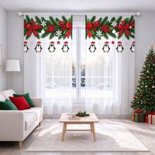 2Pcs Christmas Penguin Sheer Curtains, Rod Pocket Design, 2D Flat Print Cute Penguin Holly Bow Pattern, Light Filtering Voile Drapes, Xmas Holiday Window Decor For Kitchen Bedroom - Multicolor - View 1