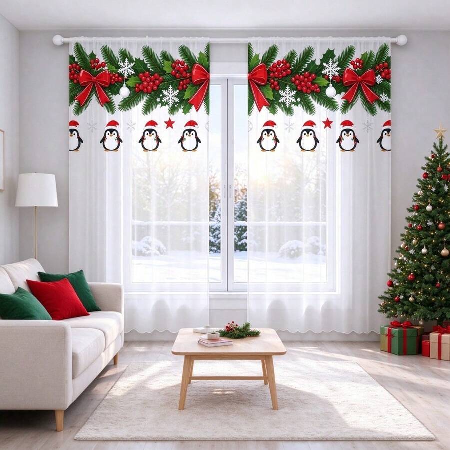 2Pcs Christmas Penguin Sheer Curtains, Rod Pocket Design, 2D Flat Print Cute Penguin Holly Bow Pattern, Light Filtering Voile Drapes, Xmas Holiday Window Decor For Kitchen Bedroom - Multicolor - View 1