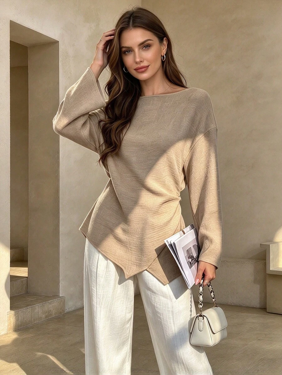 Women's Blue Woven Fabric Boat Neck Long Sleeve Blouse, Asymmetrical Hem And Dropped Shoulder Design, Basic Fashion Top - Khaki - View 1