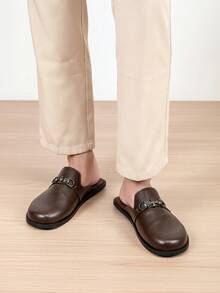 Plus Size Metal Buckle Closed Toe Mule Slippers, Casual Walking Commuting Versatile Slouchy Shoes, Minimalist Premium Men's Thin Fleece Slippers - Brown - View 3