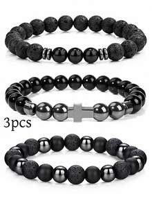 3pcs/Set Bead Bracelet For Men Women Vintage Stackable Jewelry, Suitable For Daily Wear / Year-Round Accessory, Protection, Absorb Negative Energy - Black - View 1
