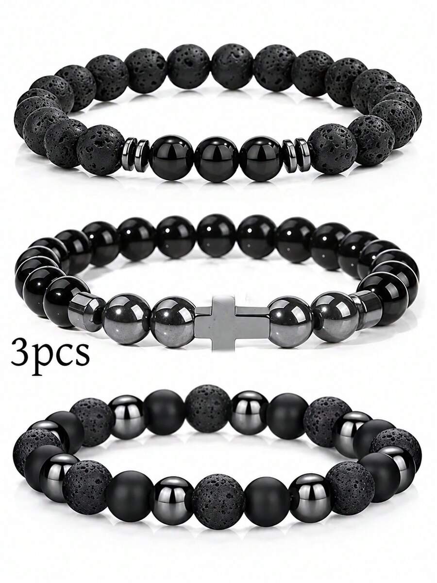 3pcs/Set Bead Bracelet For Men Women Vintage Stackable Jewelry, Suitable For Daily Wear / Year-Round Accessory, Protection, Absorb Negative Energy - Black - View 1