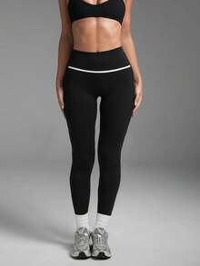 Women's Seamless Ribbed High Waist Yoga Pants, White Contrast V-Line Tummy Control Butt Lift Flare Leg Fitness Leggings - Black and White - View 4