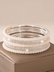 Bộ 7 vòng tay phối ngọc trai giả đính đá rhinestone tinh tế cho nữ, phụ kiện đeo hàng ngày, đám cưới và tiệc tùng - 7 món - Xem 3