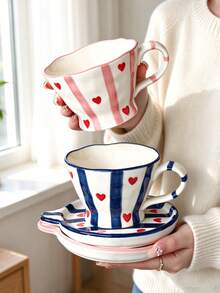 1set Heart Striped Ceramic Coffee Mug With Saucer Set, Hand Painted Red Heart & Stripe Latte Cup, Aesthetic Breakfast Tea Cup, Cute Home Kitchen Drinkware Gift - Multicolor - View 3
