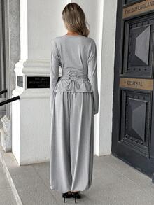 Women's Casual Grey Round Neck Long Sleeve Top And Wide Leg Pants Set With Tie Back Detail, Medium Stretch Fabric For Fall Comfort - Flower Gray - View 2