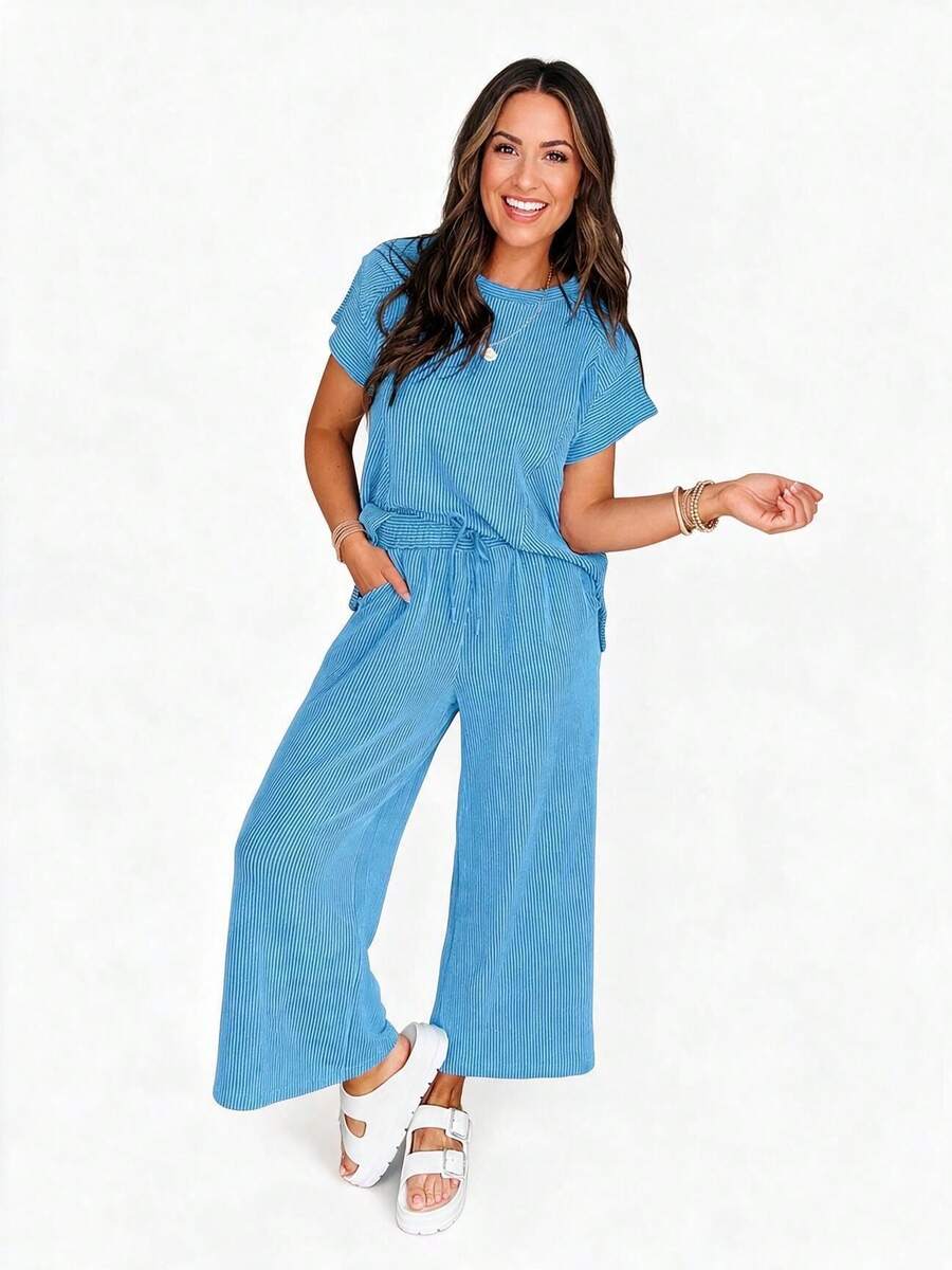 Acelitt Summer Solid Color Knit Short Sleeve T-Shirt And Wide Leg Pants Set, Suitable For Casual Wear And Outdoor Activities Elegant - Blue - View 1