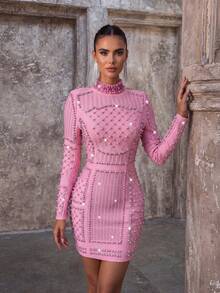 Modphy New Women's Sexy Stand Collar Long Sleeve Heavy Embellished Rhinestone Studded Design Fitted Mini Bandage Dress, Elegant Ball Party Dress - Pink - View 3