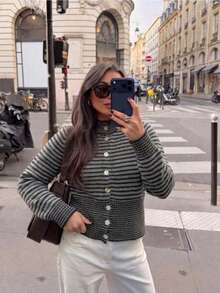 Plus Size Women's Grey & Black Striped Round Neck Front Button Long Sleeve Cinched Waist Ribbed Knit Cardigan Sweater, Casual Top Suitable For Autumn Work Occasions - Grey - View 1