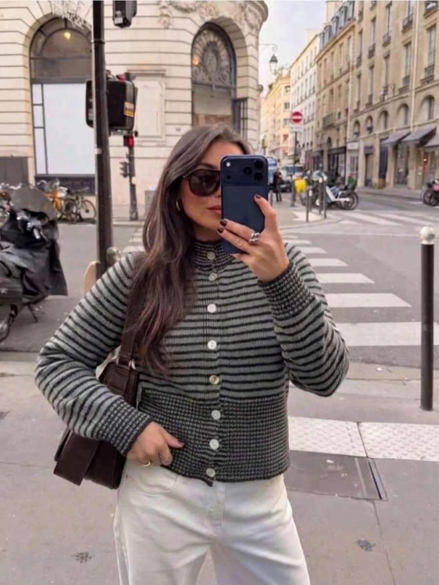 Plus Size Women's Grey & Black Striped Round Neck Front Button Long Sleeve Cinched Waist Ribbed Knit Cardigan Sweater, Casual Top Suitable For Autumn Work Occasions - Grey - View 1