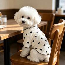 Ruffle Trim Ribbed Knit Dog Shirt, Heart Print Short Sleeve Pet Top With Paw Patch For Small Breed Dogs - Brown - View 6